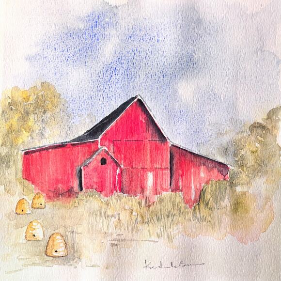 VTG Hand Painted Watercolor-Red Barn-Bees & Beehives-Signed 11x11 Farmhouse Art